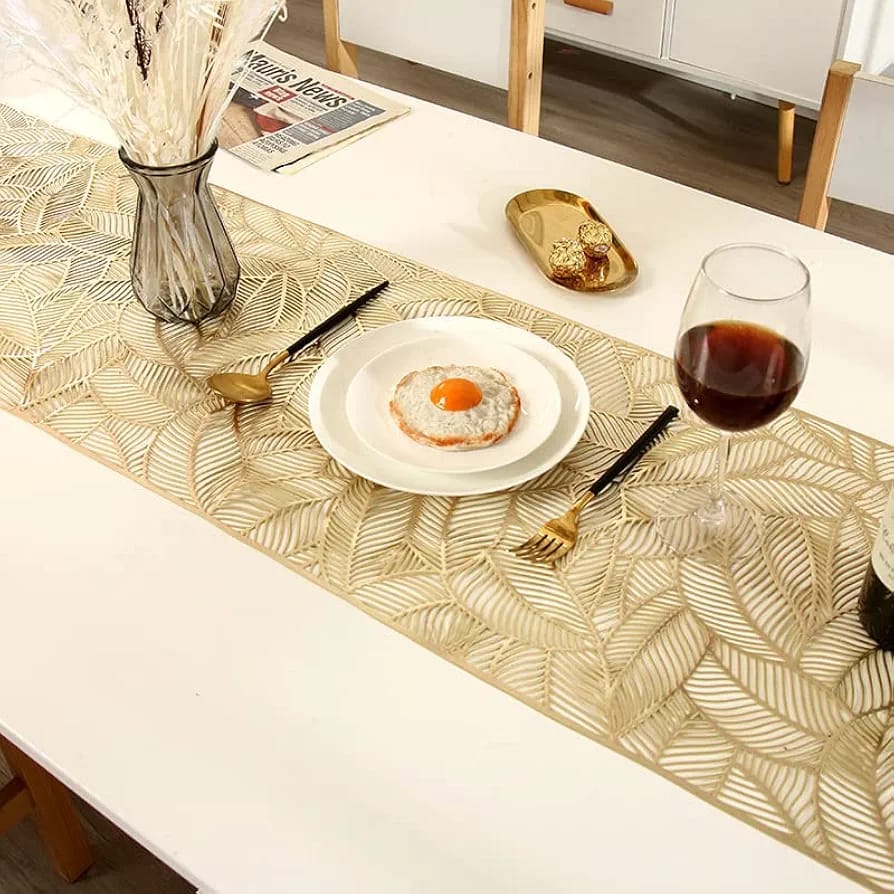 PVC Hollow Table Runner Non-slip Leaf Decorative Table Mats Placemat for Home Party Kitchen Dining Wedding Decor (180CM X 35CM) golden copper Silver HZ BEDDING