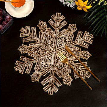 2/4/6/8 Snowflake PVC Golden Foil Placemats – Heat Resistant Non-Slip Dining Table Mats for Home, Hotel & Party Decor