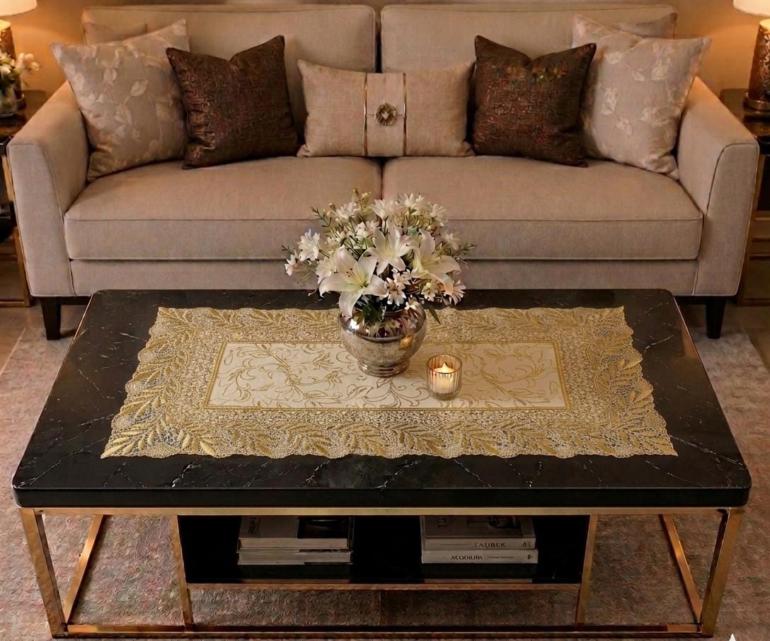 Golden Leaf Vinyl Table Runner 16×33 Inch – Elegant  Center & Dining Table Runner  | HZ Bedding HZ BEDDING