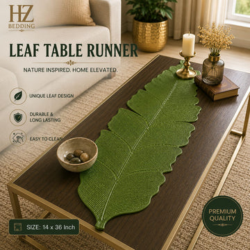 Green Premium Leaf Table Runner 14×36 Inch – Elegant Leaf Shape Design, Luxury Center Table Decor | HZ Bedding