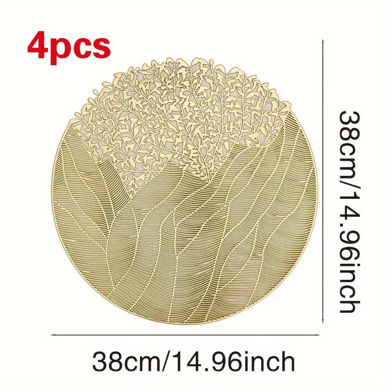2/4/6/8 Round Leaf  Pattern vinyl Golden Foil Placemats – Heat Resistant Non-Slip Dining Table Mats HZ BEDDING