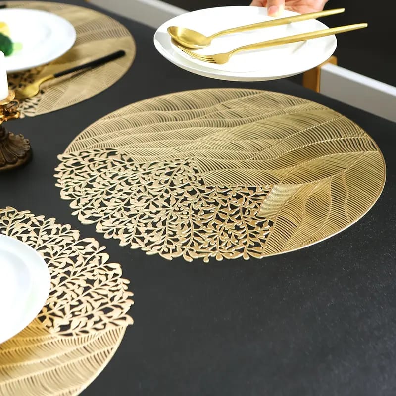 2/4/6/8 Round Leaf  Pattern vinyl Golden Foil Placemats – Heat Resistant Non-Slip Dining Table Mats HZ BEDDING