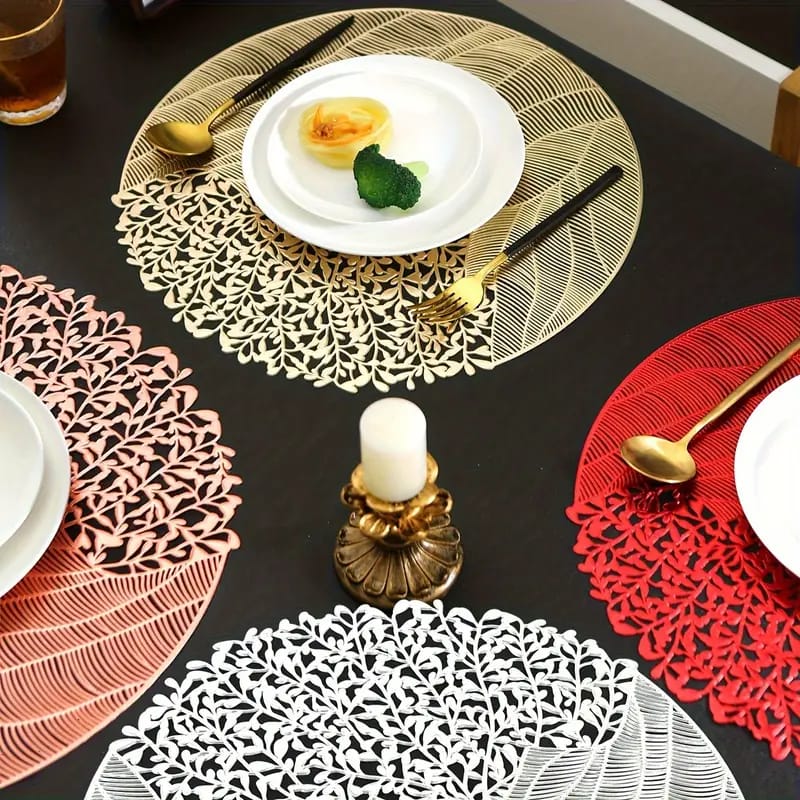 2/4/6/8 Round Leaf  Pattern vinyl Golden Foil Placemats – Heat Resistant Non-Slip Dining Table Mats HZ BEDDING