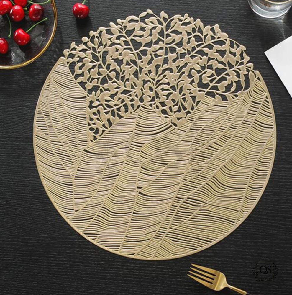 2/4/6/8 Round Leaf  Pattern vinyl Golden Foil Placemats – Heat Resistant Non-Slip Dining Table Mats HZ BEDDING