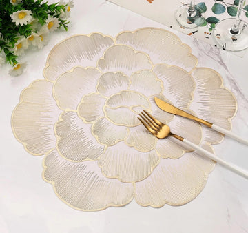 2/4/6/8 Set Gold Round Placemats Set of 6 Pressed Vinyl Metallic Flower Table Mats HZ BEDDING