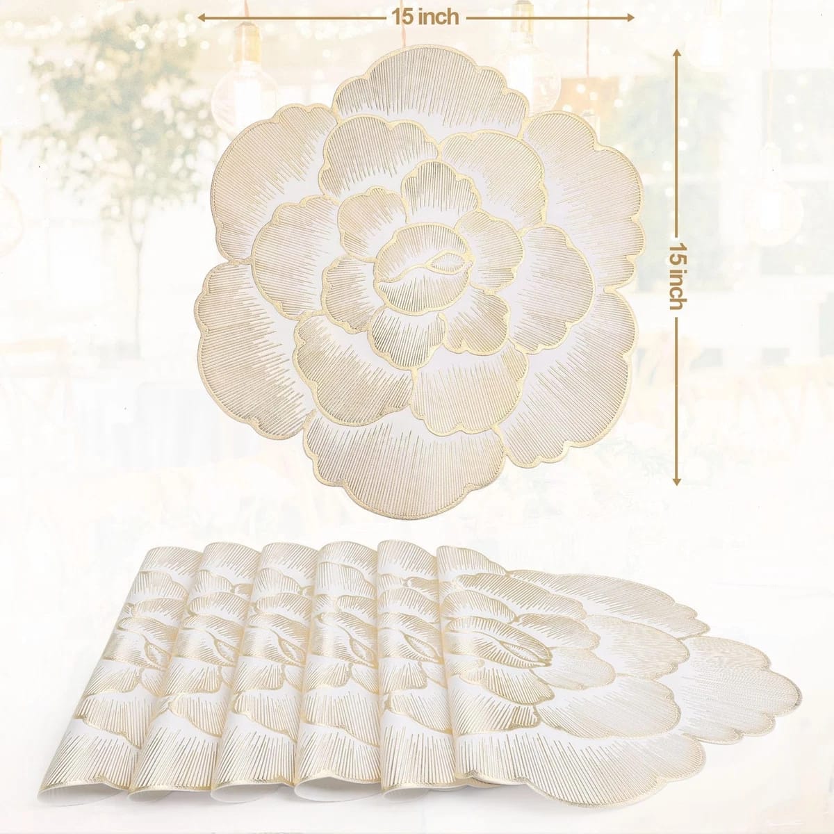 2/4/6/8 Set Gold Round Placemats Set of 6 Pressed Vinyl Metallic Flower Table Mats HZ BEDDING