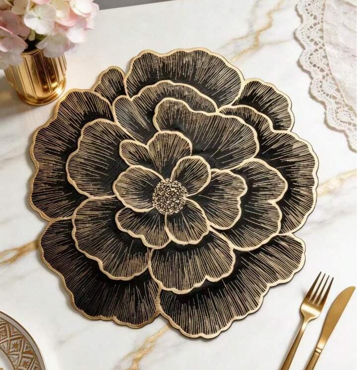 2/4/6/8 Set Black Gold Round  Pressed Vinyl Metallic Flower Table Mats HZ BEDDING