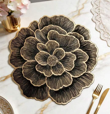 2/4/6/8 Set Black Gold Round  Pressed Vinyl Metallic Flower Table Mats HZ BEDDING