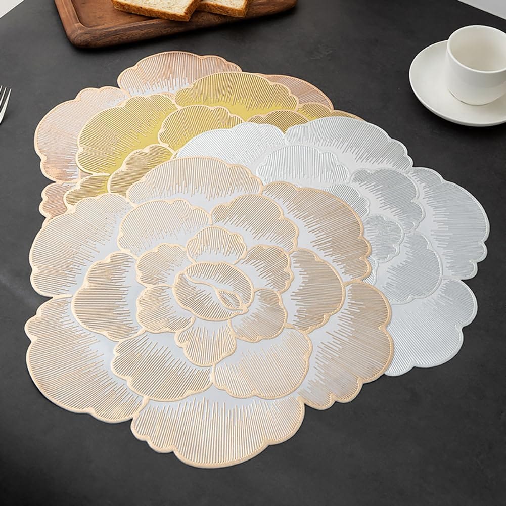 2/4/6/8 Set Copper Round  Pressed Vinyl Metallic Flower Table Mats HZ BEDDING