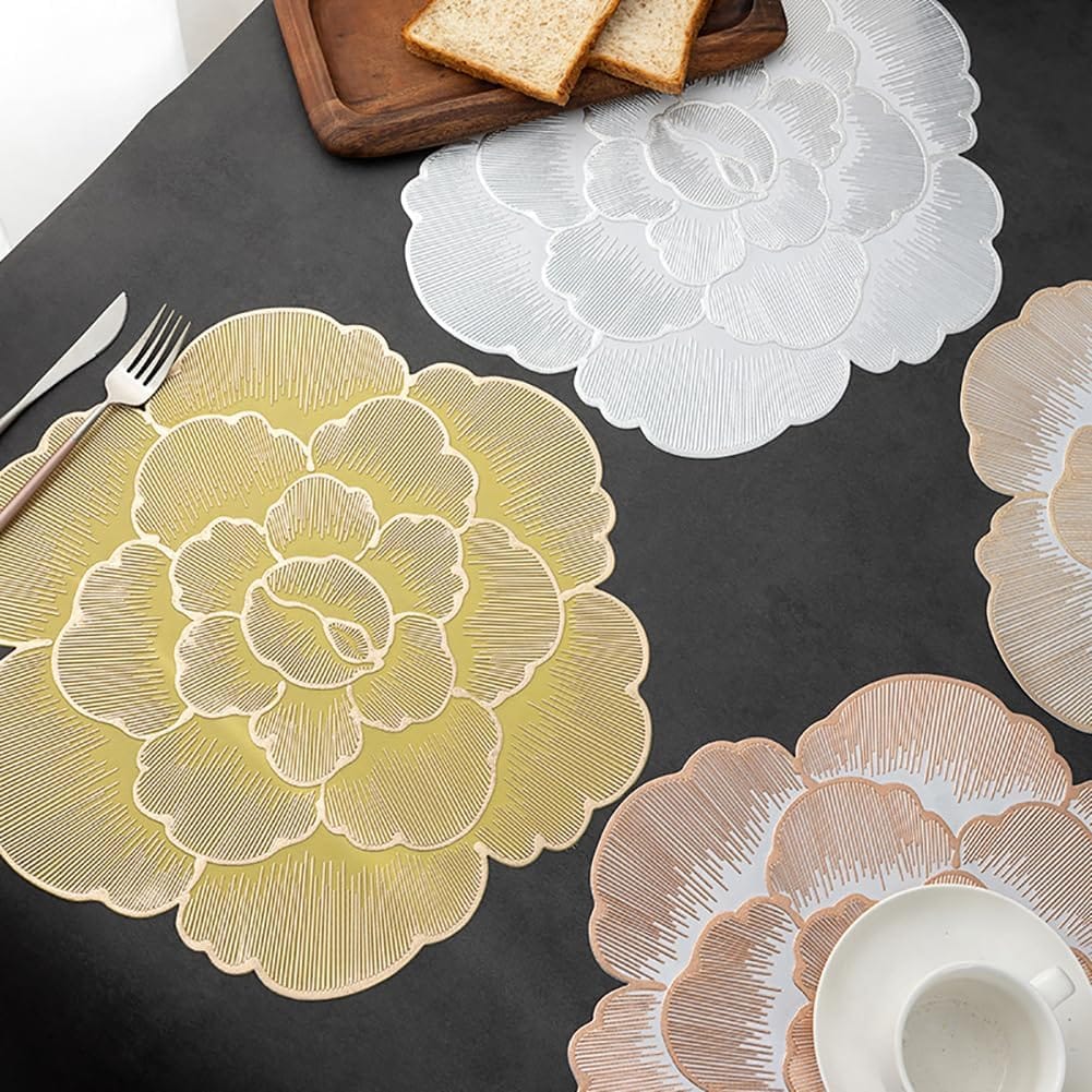 2/4/6/8 Set Copper Round  Pressed Vinyl Metallic Flower Table Mats HZ BEDDING