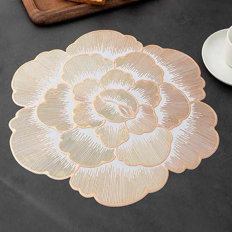 2/4/6/8 Set Copper Round  Pressed Vinyl Metallic Flower Table Mats HZ BEDDING