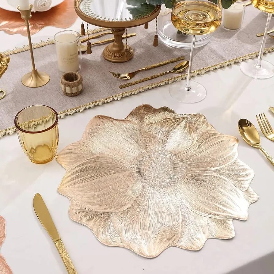 2/4/6/8 Set Flower Pearl Gold Round Vinyl Metallic Flower Table Mats With Runner HZ BEDDING