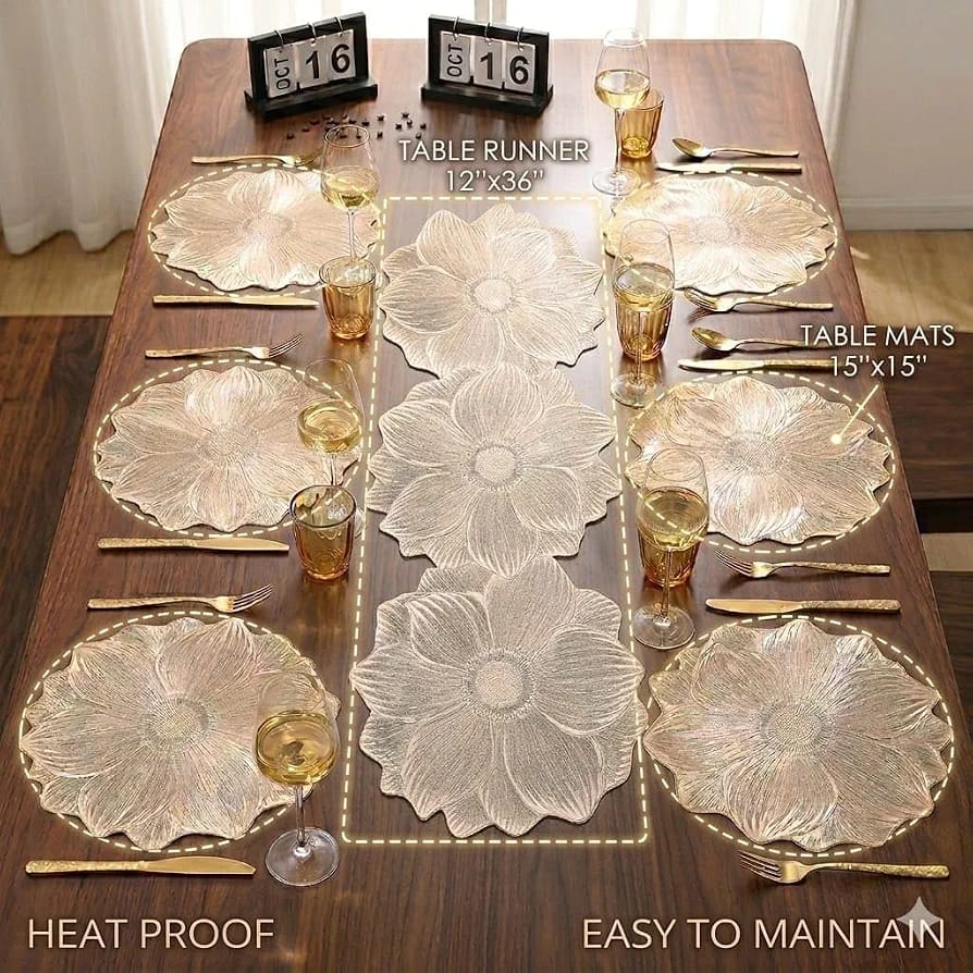 2/4/6/8 Set Flower Pearl Gold Round Vinyl Metallic Flower Table Mats With Runner HZ BEDDING