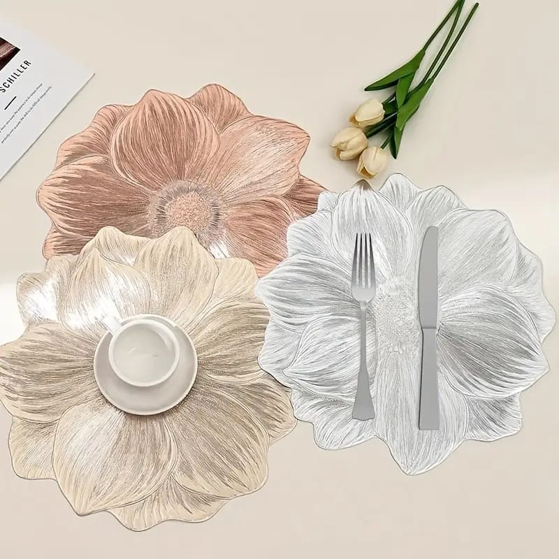 2/4/6/8 Set Flower Pearl Gold Round Vinyl Metallic Flower Table Mats With Runner HZ BEDDING