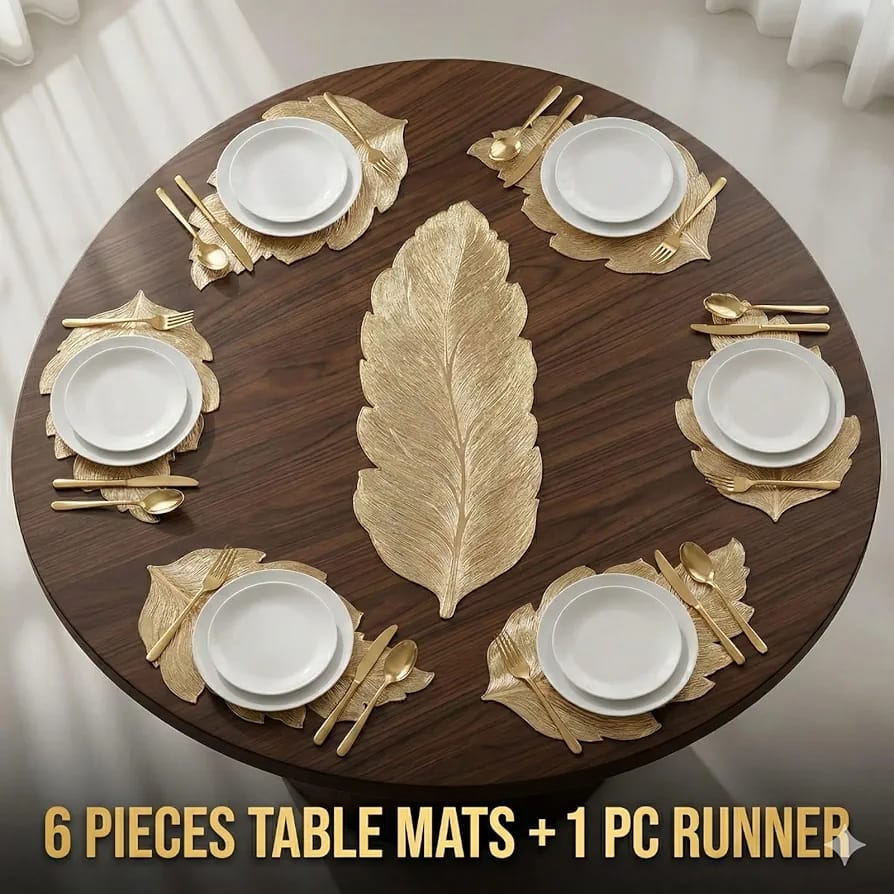 2/4/6/8 Set Decorative Leaf Gold Round Vinyl Metallic Leaf Table Mats With Runner HZ BEDDING