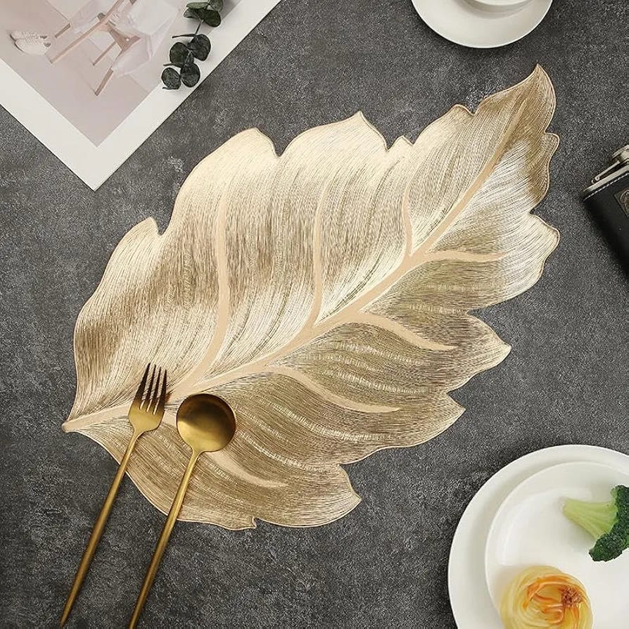 2/4/6/8 Set Decorative Leaf Gold Round Vinyl Metallic Leaf Table Mats With Runner HZ BEDDING