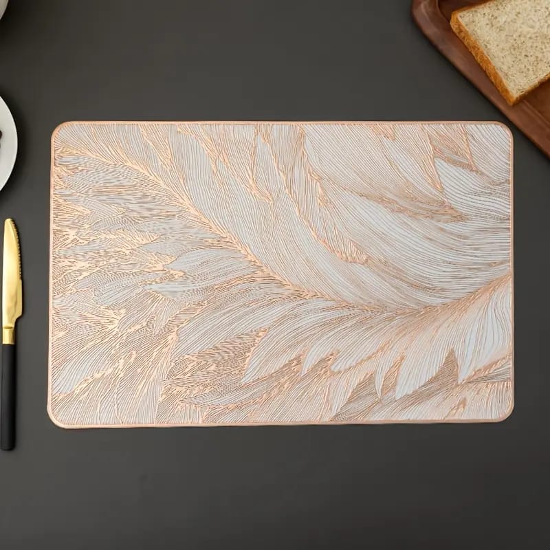 2/4/6/8 Set Feather Leaf Copper Rectangle Vinyl Table Mats & Runner HZ BEDDING