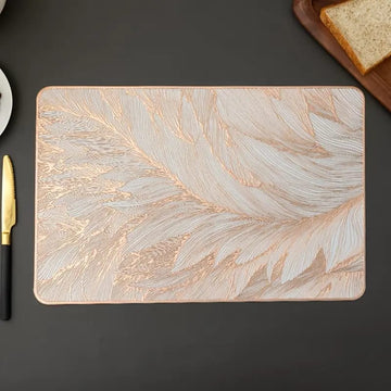 2/4/6/8 Set Feather Leaf Copper Rectangle Vinyl Table Mats & Runner HZ BEDDING