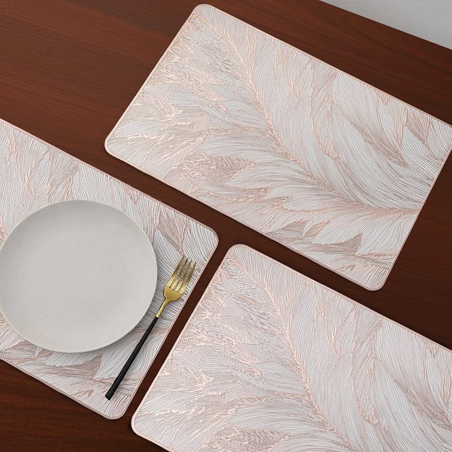 2/4/6/8 Set Feather Leaf Copper Rectangle Vinyl Table Mats & Runner HZ BEDDING