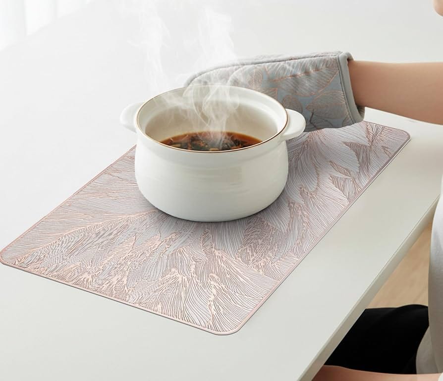 2/4/6/8 Set Feather Leaf Copper Rectangle Vinyl Table Mats & Runner HZ BEDDING
