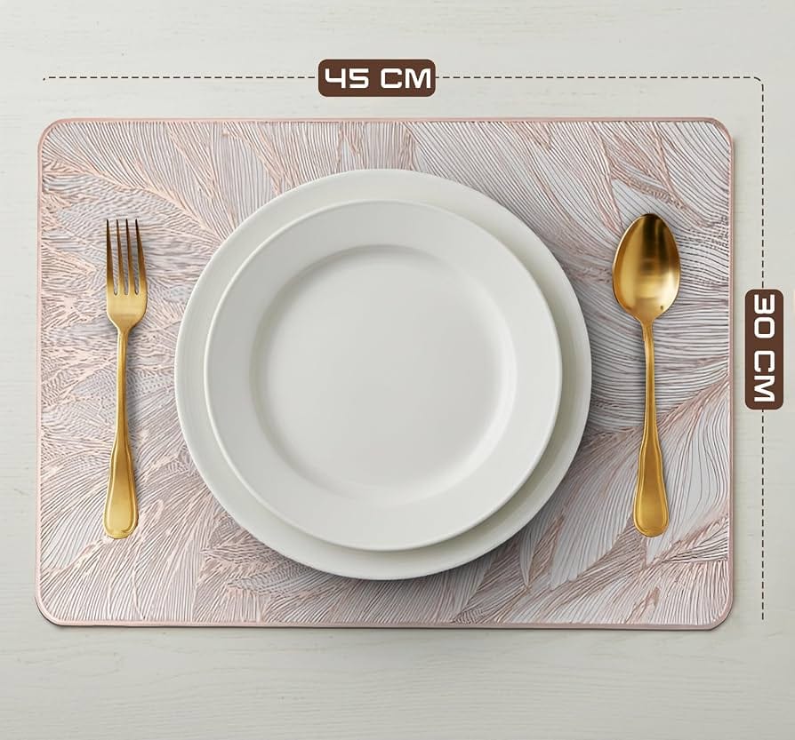 2/4/6/8 Set Feather Leaf Copper Rectangle Vinyl Table Mats & Runner HZ BEDDING