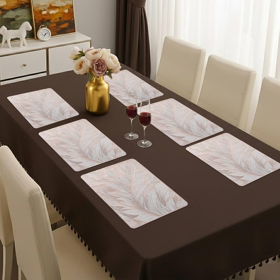 2/4/6/8 Set Feather Leaf Copper Rectangle Vinyl Table Mats & Runner HZ BEDDING
