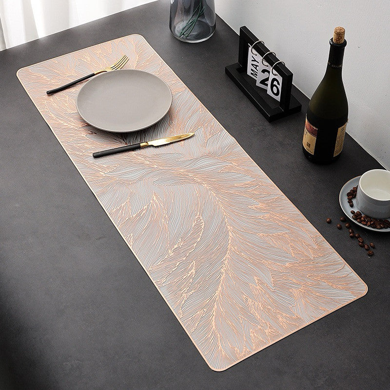 2/4/6/8 Set Feather Leaf Copper Rectangle Vinyl Table Mats & Runner HZ BEDDING