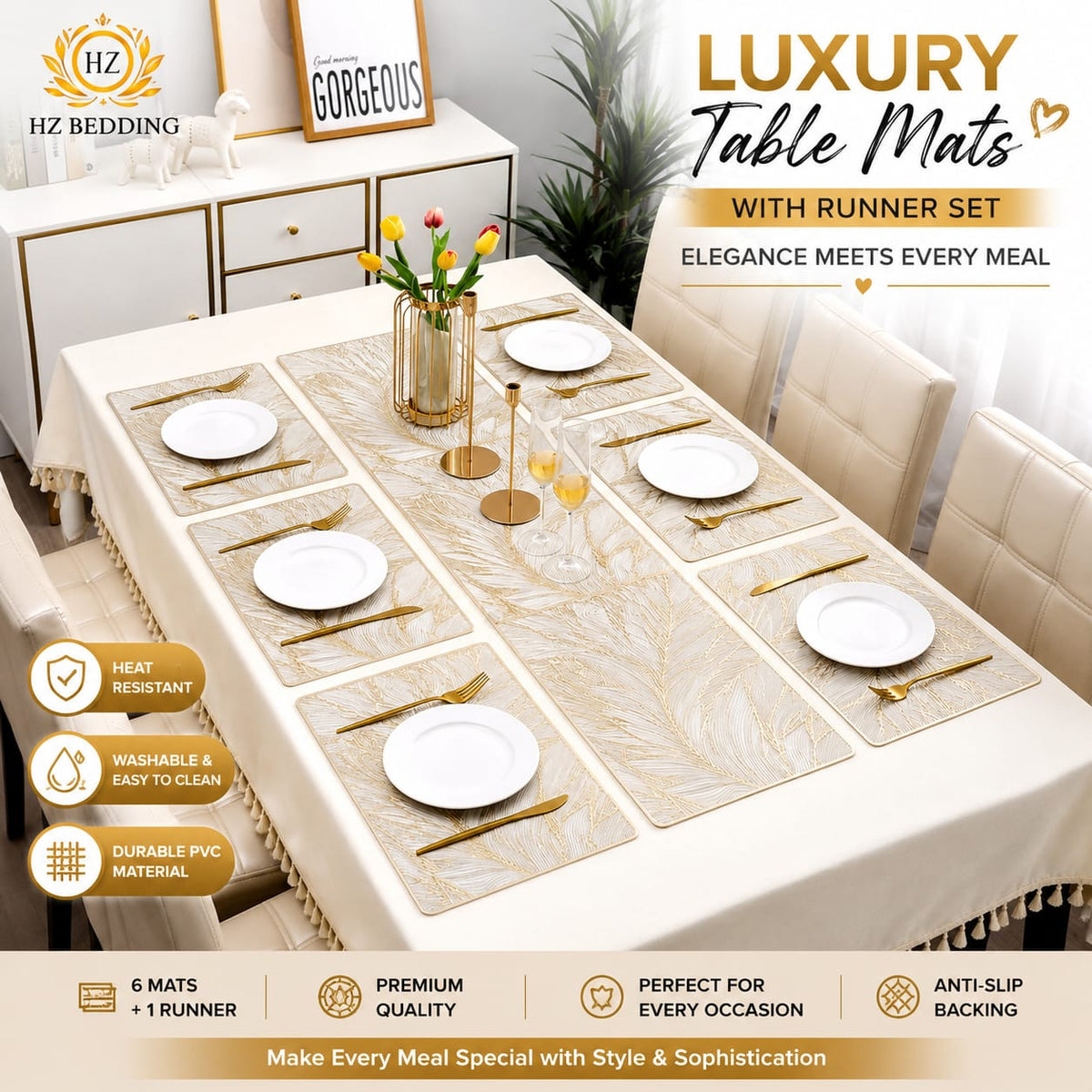 2/4/6/8 Set Feather Leaf Golden Rectangle Vinyl Table Mats & Runner HZ BEDDING