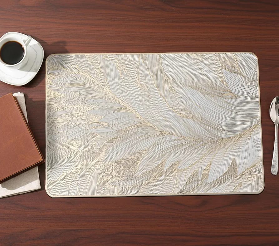 2/4/6/8 Set Feather Leaf Golden Rectangle Vinyl Table Mats & Runner HZ BEDDING
