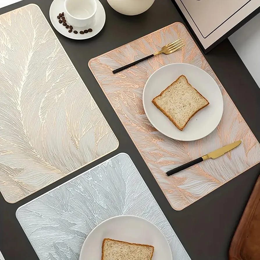2/4/6/8 Set Feather Leaf Silver Rectangle Vinyl Table Mats & Runner HZ BEDDING