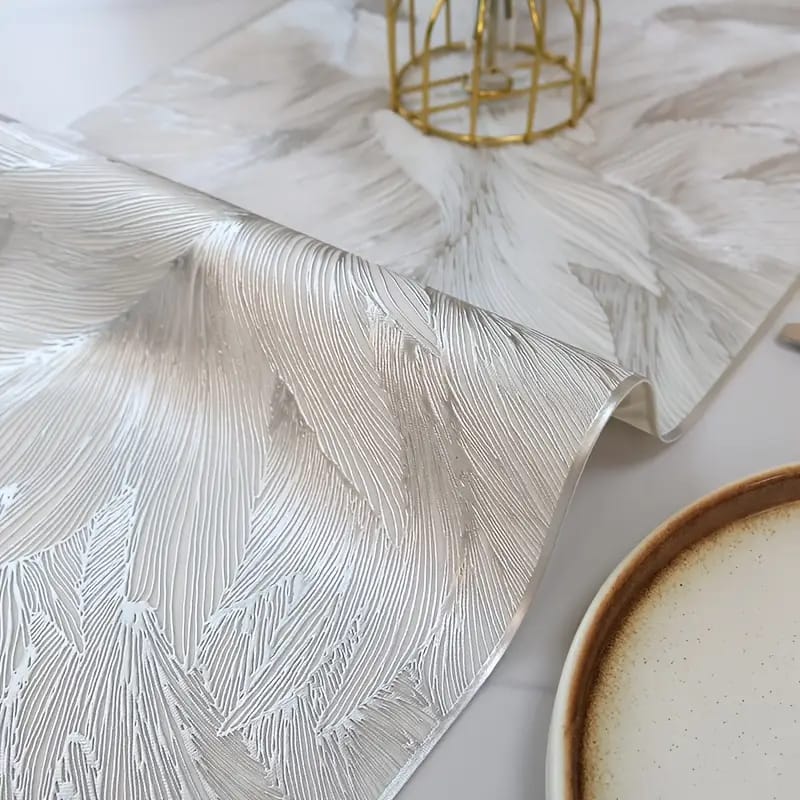 2/4/6/8 Set Feather Leaf Silver Round Vinyl Table Mats & Runner HZ BEDDING