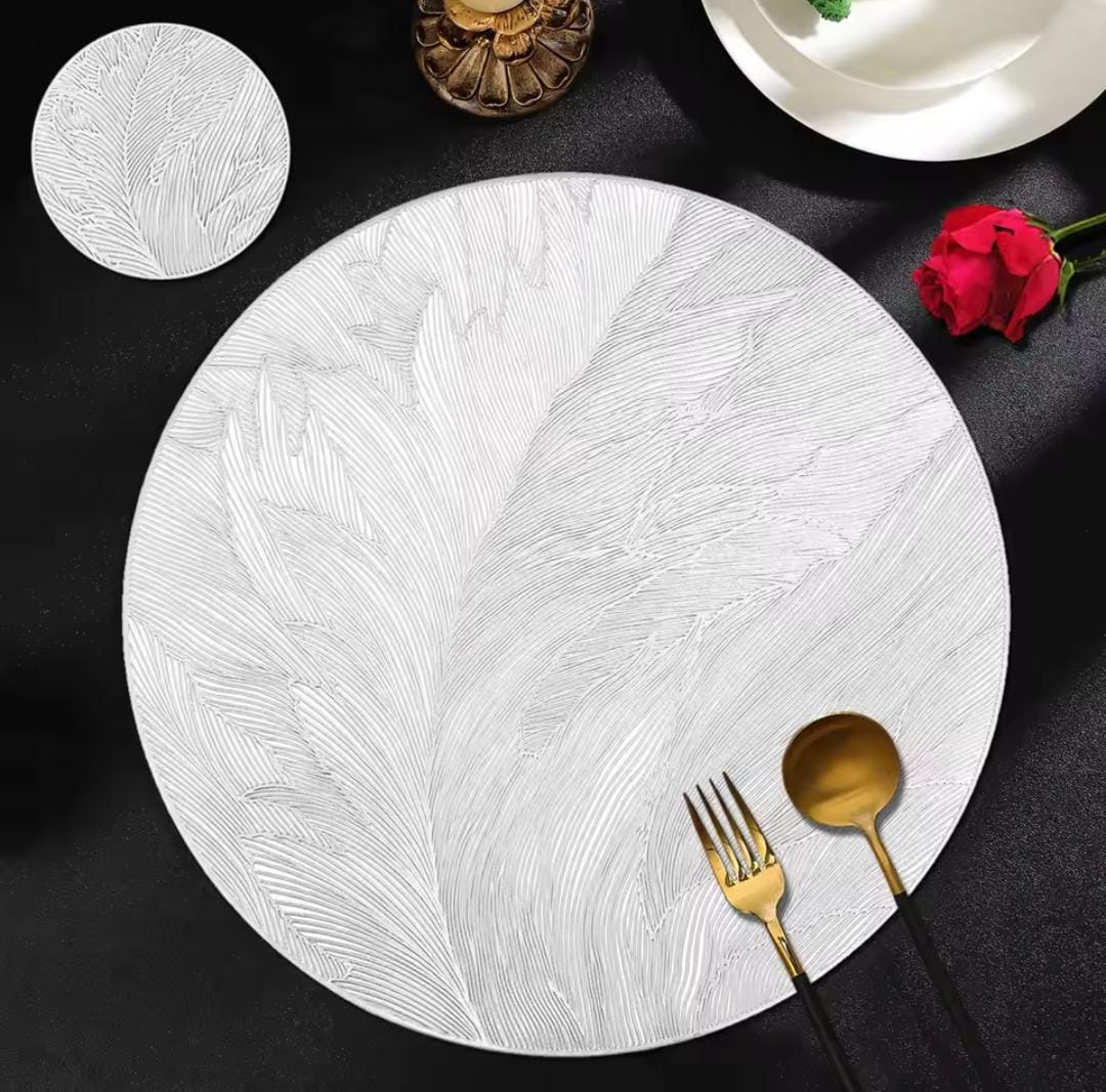 2/4/6/8 Set Feather Leaf Silver Round Vinyl Table Mats & Runner HZ BEDDING