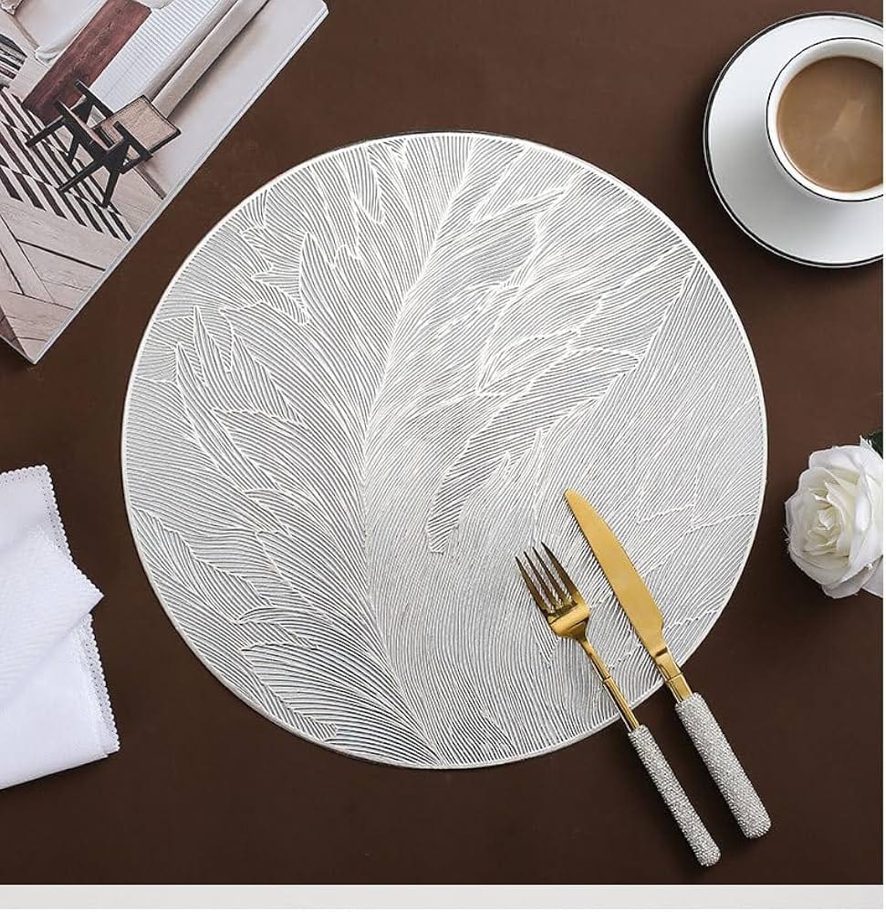 2/4/6/8 Set Feather Leaf Silver Round Vinyl Table Mats & Runner HZ BEDDING