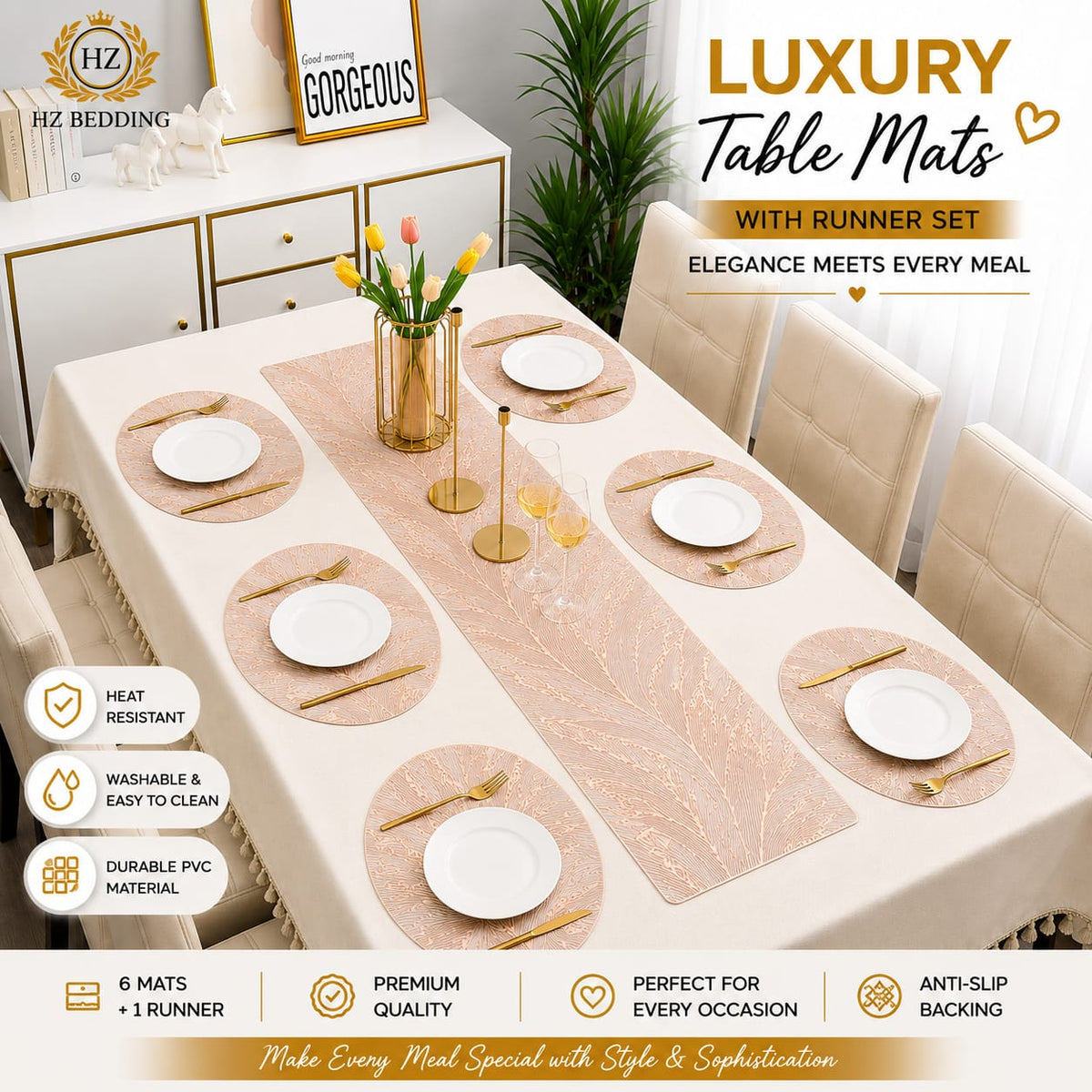 2/4/6/8 Set Feather Copper Round Vinyl Table Mats & Runner HZ BEDDING