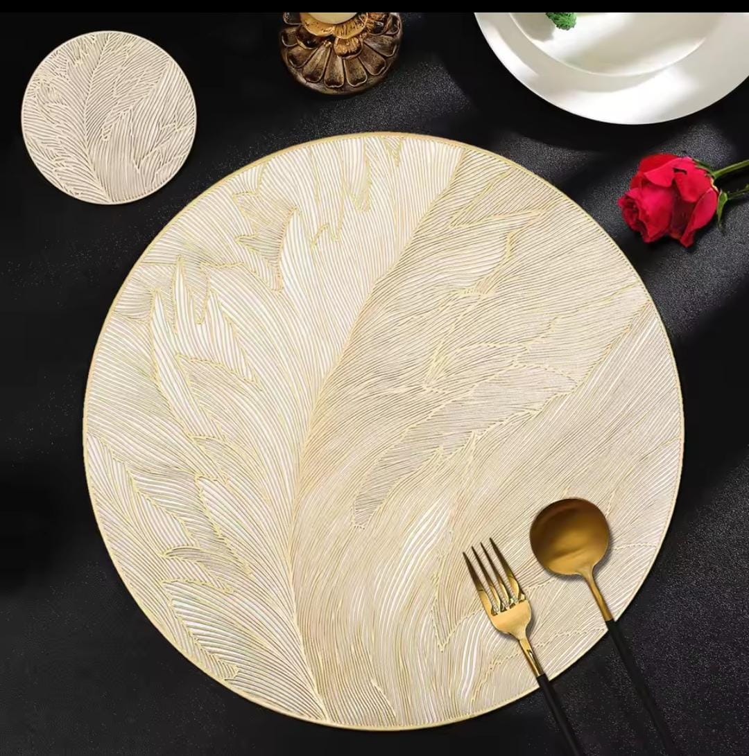 2/4/6/8 Set Feather Golden Round Vinyl Table Mats & Runner HZ BEDDING