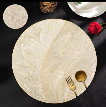 2/4/6/8 Set Feather Golden Round Vinyl Table Mats & Runner HZ BEDDING
