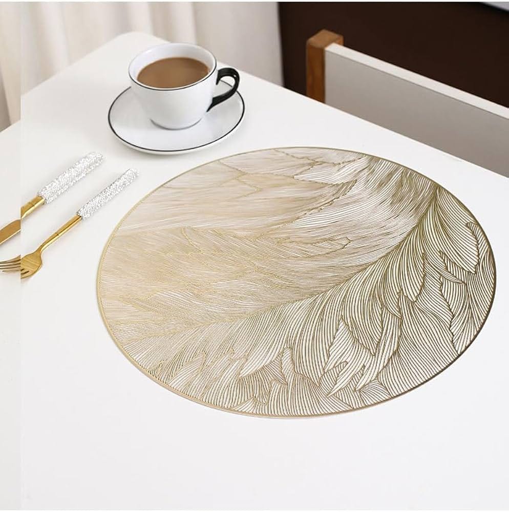 2/4/6/8 Set Feather Golden Round Vinyl Table Mats & Runner HZ BEDDING