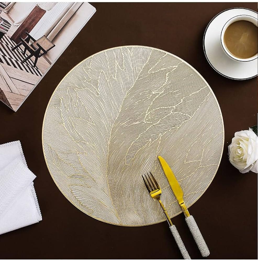 2/4/6/8 Set Feather Golden Round Vinyl Table Mats & Runner HZ BEDDING