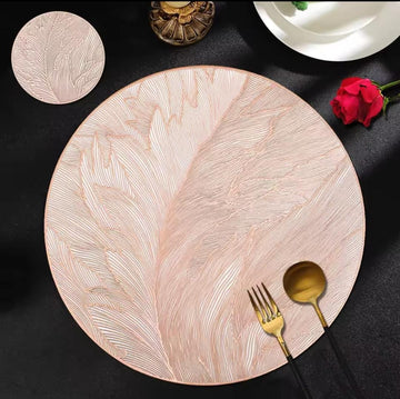 2/4/6/8 Set Feather Copper Round Vinyl Table Mats & Runner HZ BEDDING