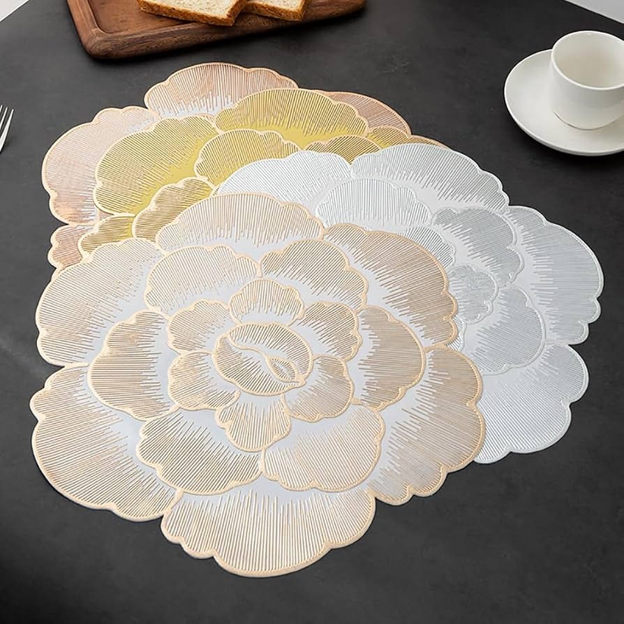 2/4/6/8 Set Foral Embossed Silver Vinyl Metallic Flower Table Mats HZ BEDDING