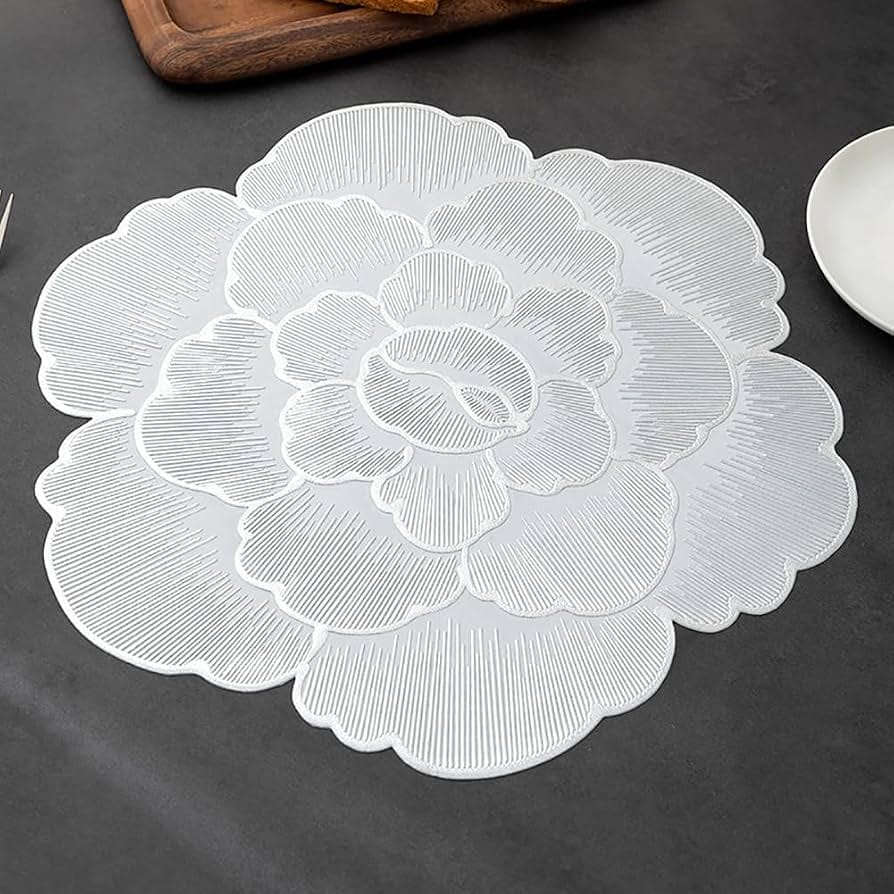 2/4/6/8 Set Foral Embossed Silver Vinyl Metallic Flower Table Mats HZ BEDDING