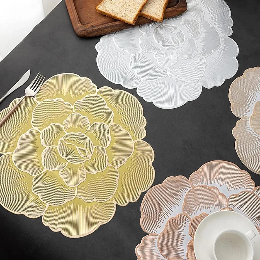 2/4/6/8 Set Foral Embossed Golden Vinyl Metallic Flower Table Mats HZ BEDDING