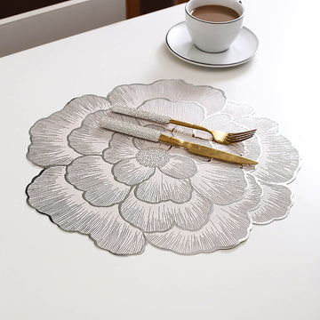2/4/6/8 Set Silver Floral Shaped Placemats Vinyl Metallic Flower Table Mats HZ BEDDING