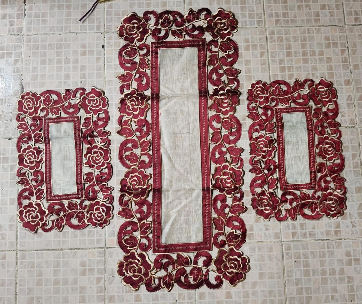3 Piece Embroidered Table Mat Set – 2 Table Mats + 1 Runner | Elegant Floral Design HZ BEDDING