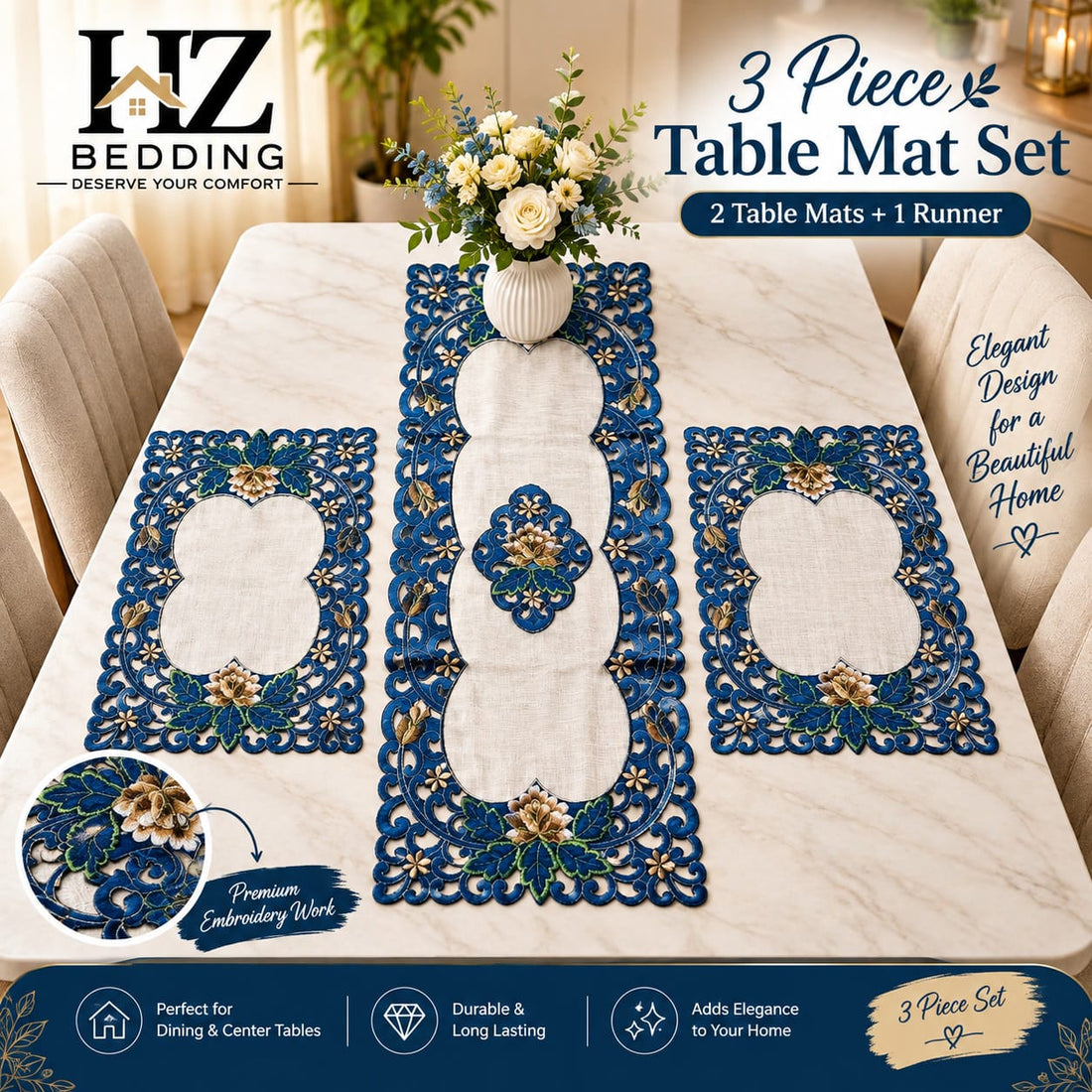 3 Piece Embroidered Table Mat Set – 2 Table Mats + 1 Runner | Elegant Floral Design HZ BEDDING