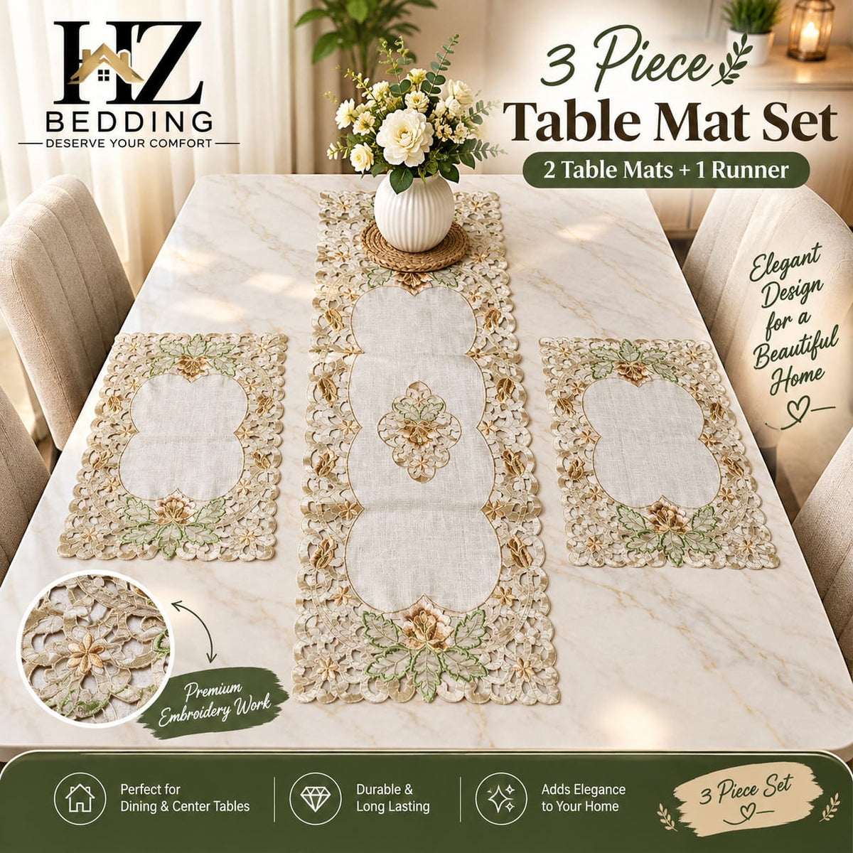 3 Piece Embroidered Table Mat Set – 2 Table Mats + 1 Runner | Elegant Floral Design HZ BEDDING