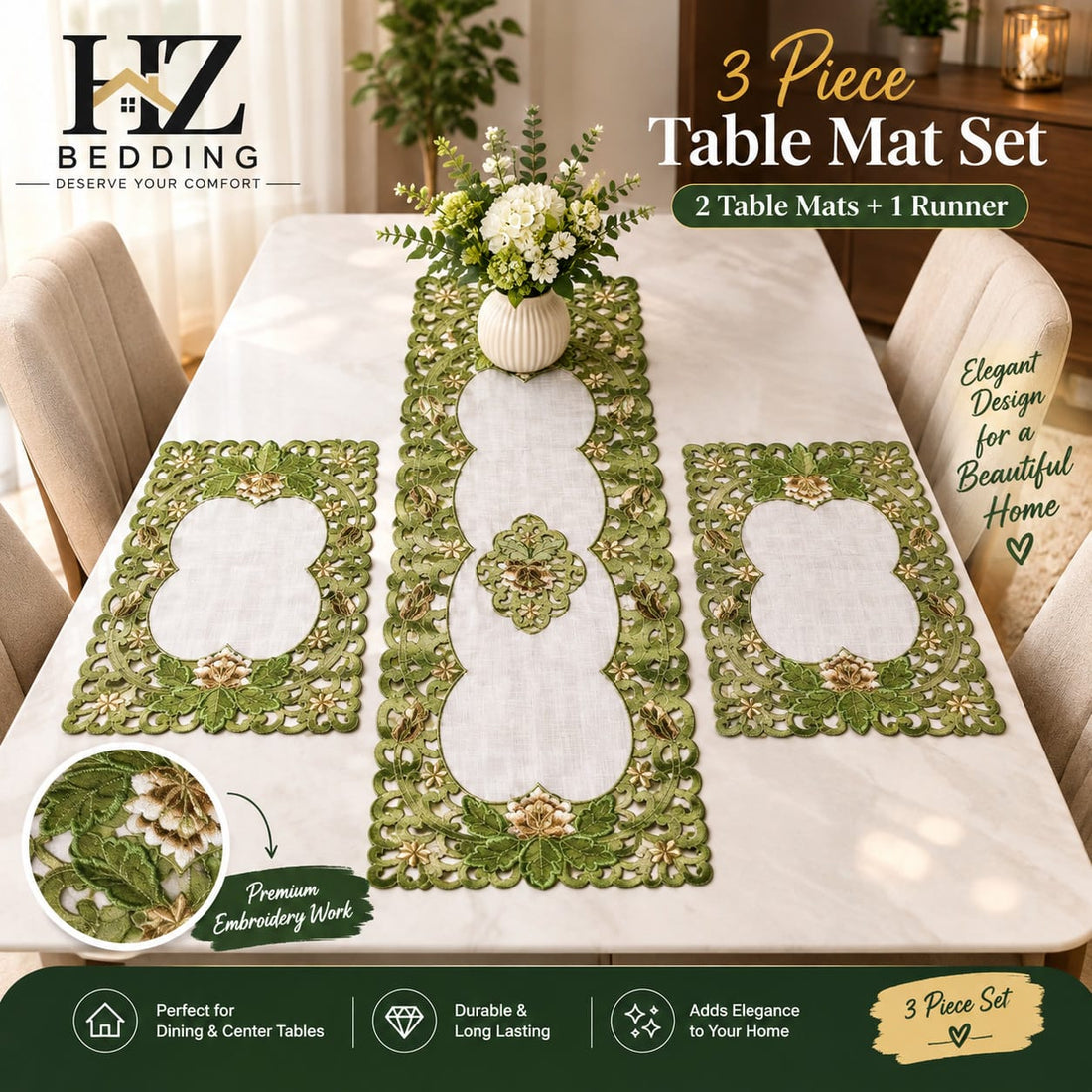 3 Piece Embroidered Table Mat Set – 2 Table Mats + 1 Runner | Elegant Floral Design HZ BEDDING