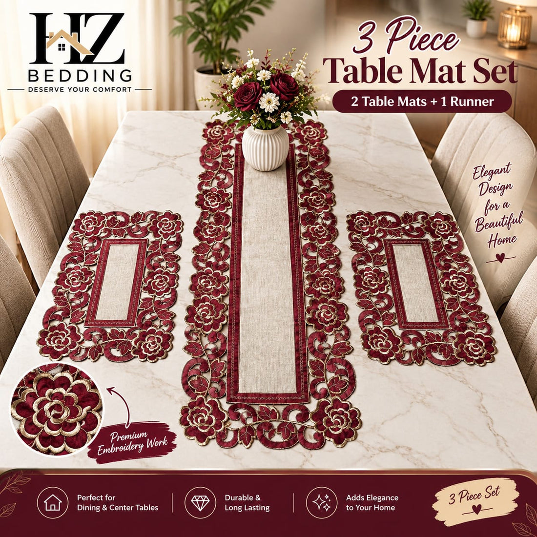 3 Piece Embroidered Table Mat Set – 2 Table Mats + 1 Runner | Elegant Floral Design HZ BEDDING
