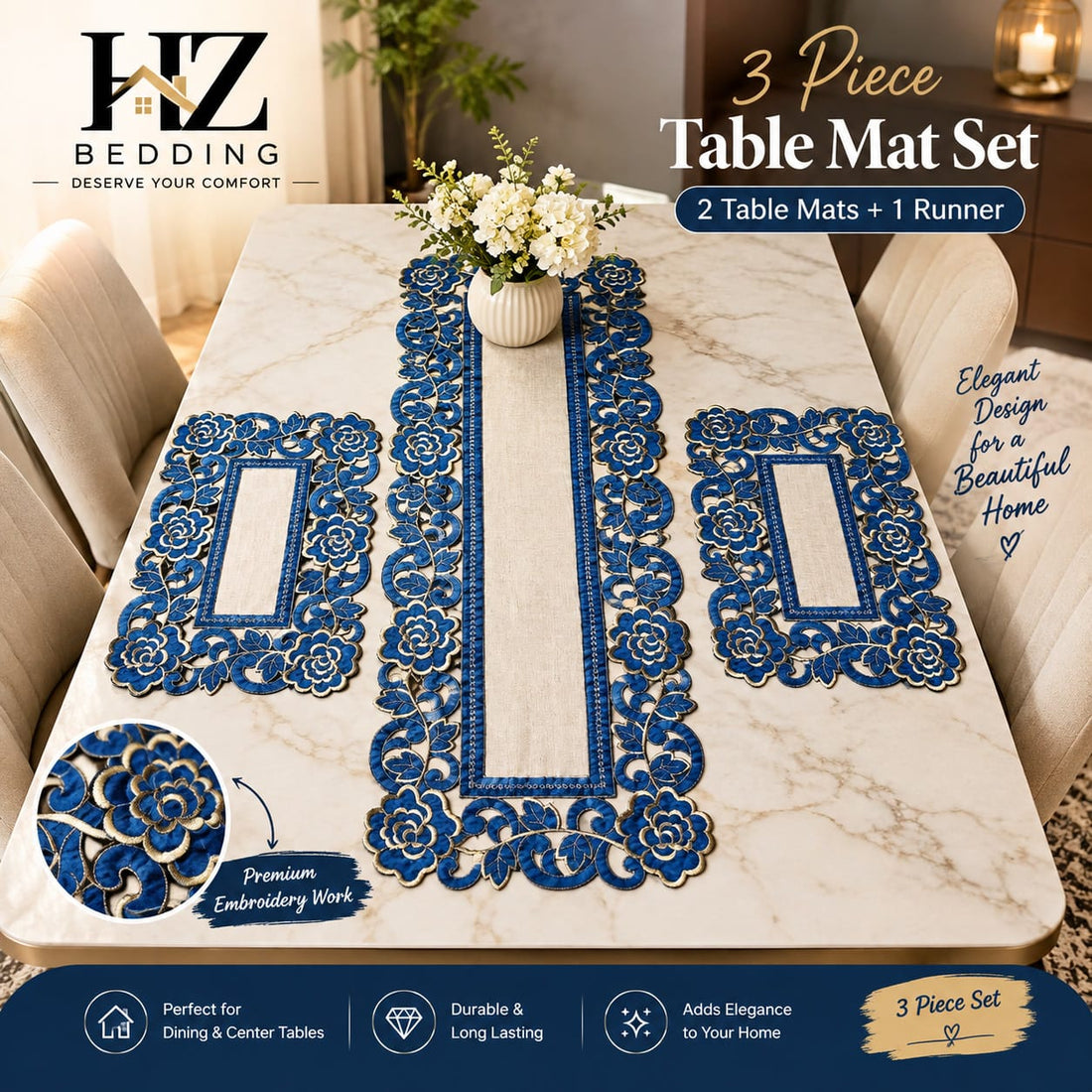 3 Piece Embroidered Table Mat Set – 2 Table Mats + 1 Runner | Elegant Floral Design HZ BEDDING