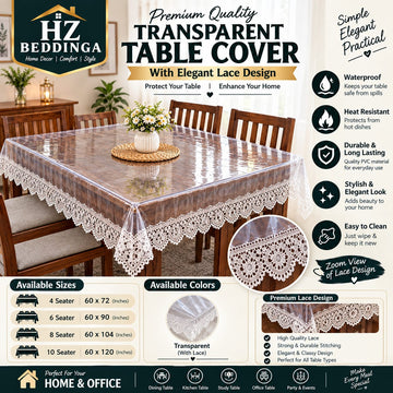 4/6/8/10 Seater Premium Transparent Table Cover with Milky white Elegant Lace Design – Waterproof PVC Table Cloth HZ BEDDING